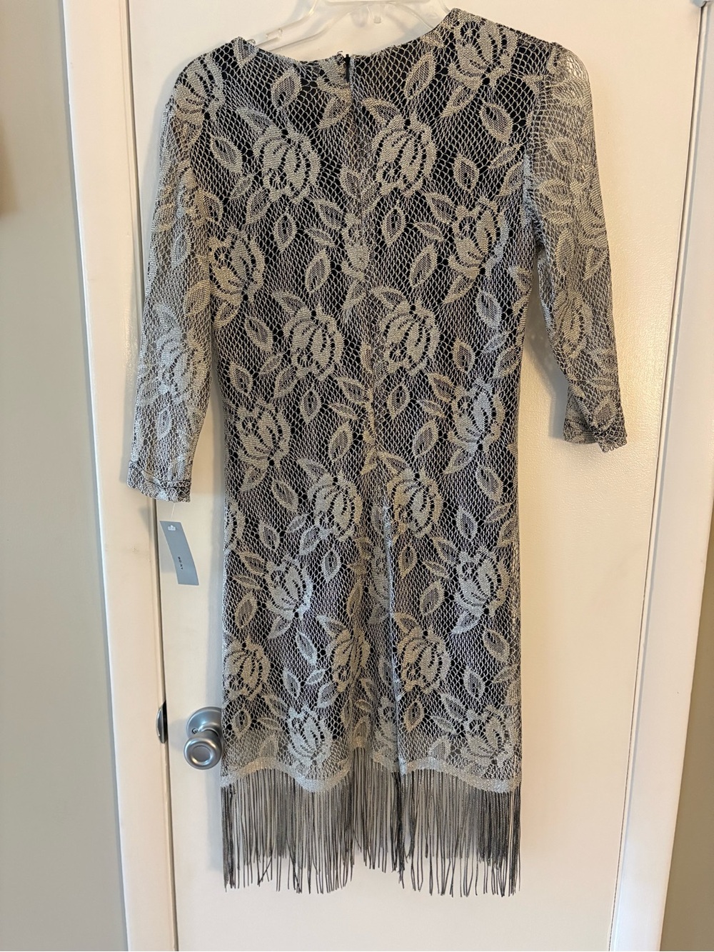 WD.NY Black Dress with Ivory Lace Overlay and Fringe Hem